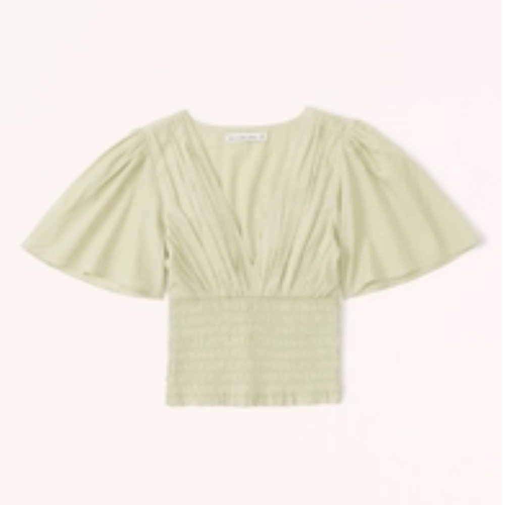 Abercrombie Flutter Sleeve Smocked Waist Top | Lime | M